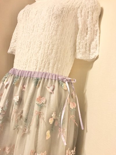 画像1: franche lippee/総レーストップス　ホワイト　M＋ガーデニングロングチュールスカート　グレー×パープル　2点SET