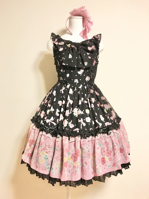 Angelic Pretty/Powder Rose 胸リボンJSK クロ+カチューシャ ピンク