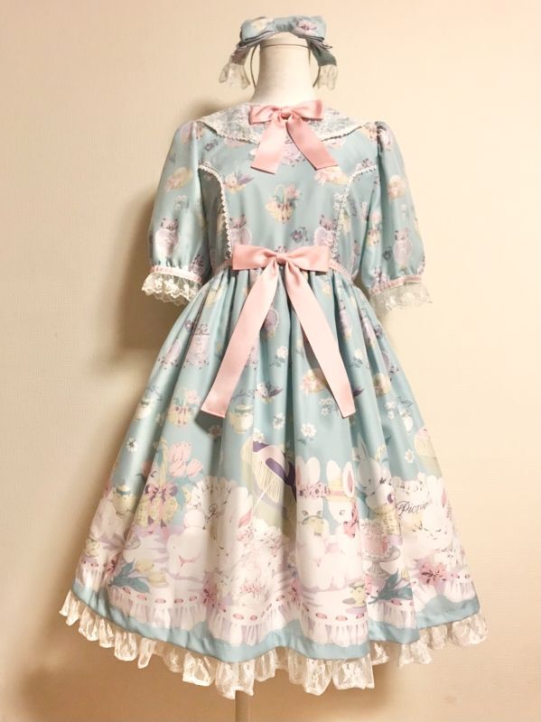 Angelic Pretty/うさぎのPicnic partyワンピース＋カチューシャ サックス SET - Usagiyouhinten・うさぎ洋品店